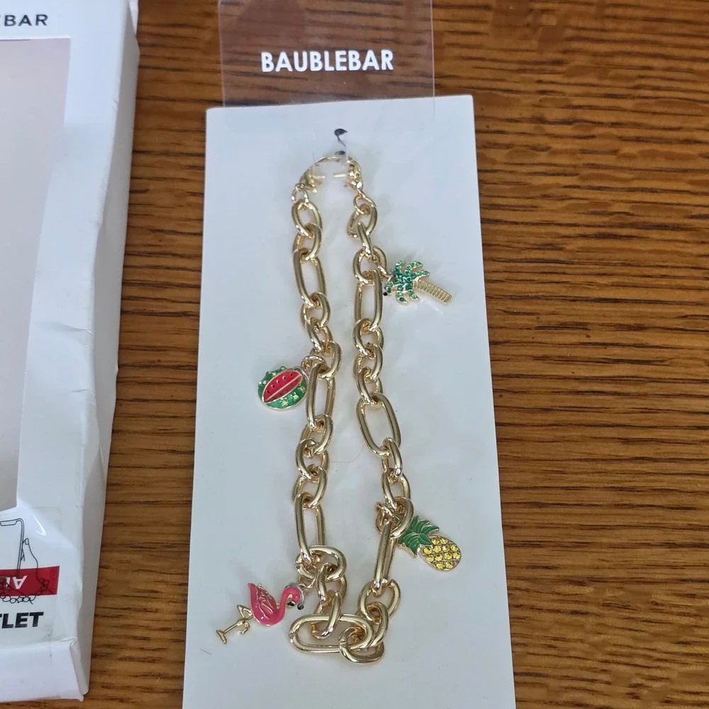 BaubleBar Phone Charm Wristlet Gold Tone Tropical Flamingo Fruit 12 Inch NEW